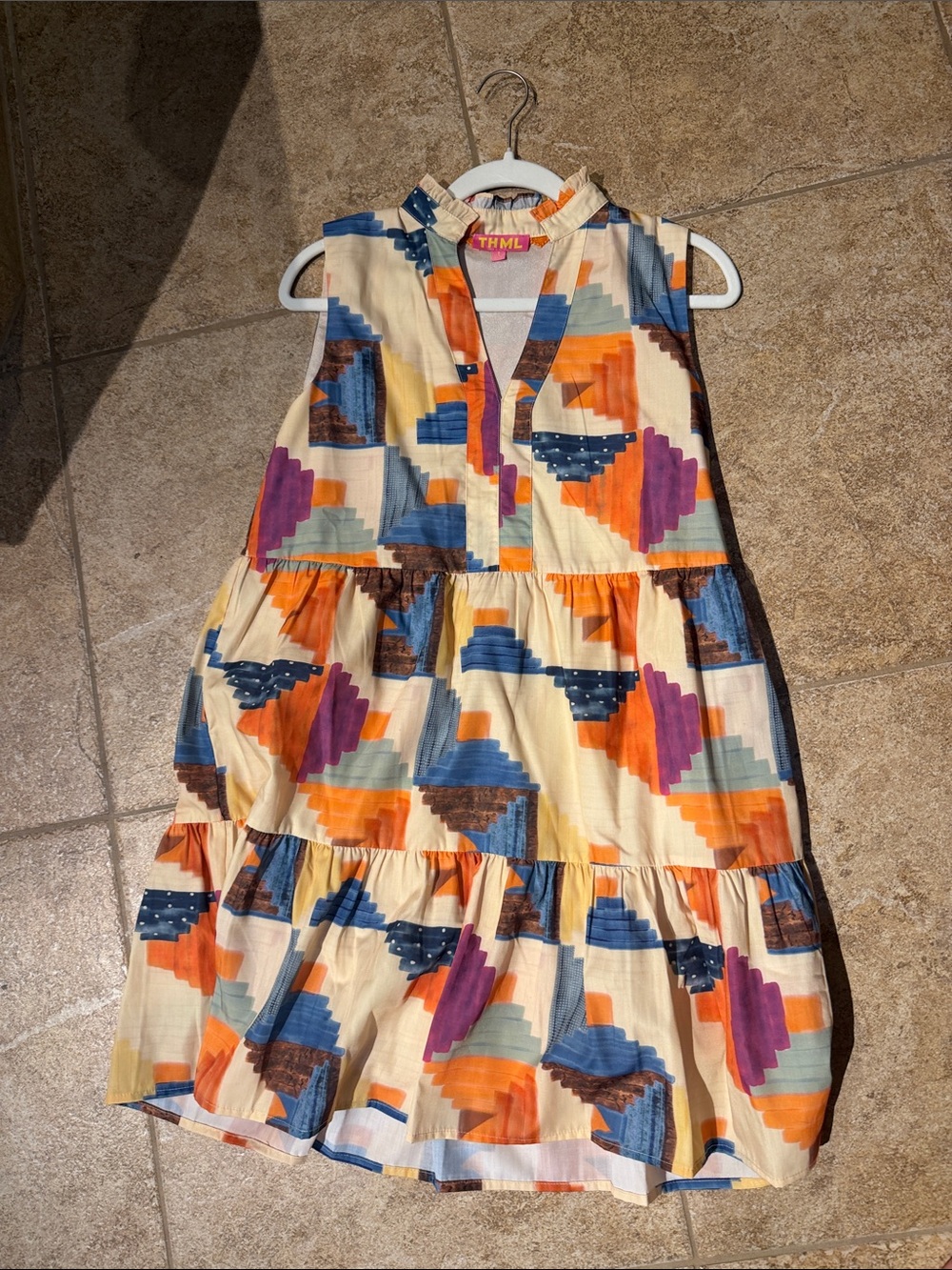THML Cream Sleeveless Tiered Dress with Orange, Blue & Purple Geometric Print